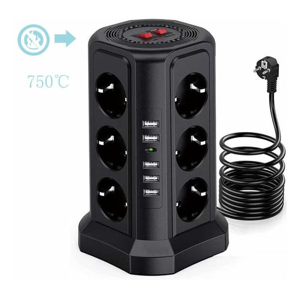 Lightning and Surge Protected Power Strip Tower - ABS Plastic, Portable, Durable - for Office, Travel