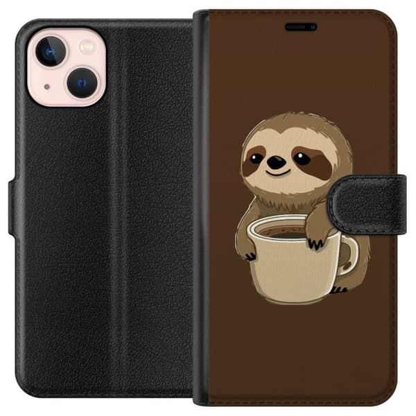 Compatible Wallet Case for Apple iPhone 13 Cute Cartoon Sloth Holding a Coffee Cup on Brown Background