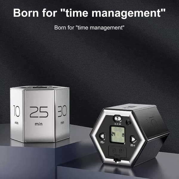 Roterende sekskantet timer 5-60 minutter med LED-display og lydløs vibration, vendbar bordtimer til køkken og kontor (sort)