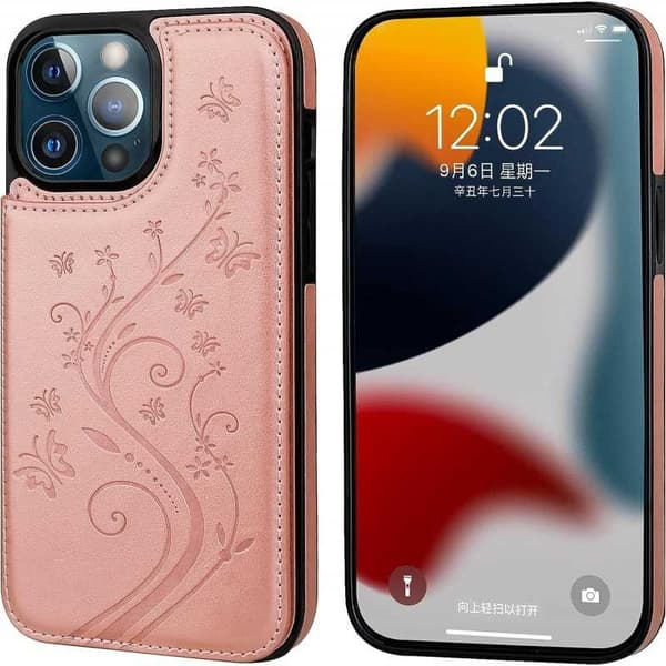 IPhone 14 Pro – Kuori 3 korttipaikalla, iskunkestävä, ruusukulta