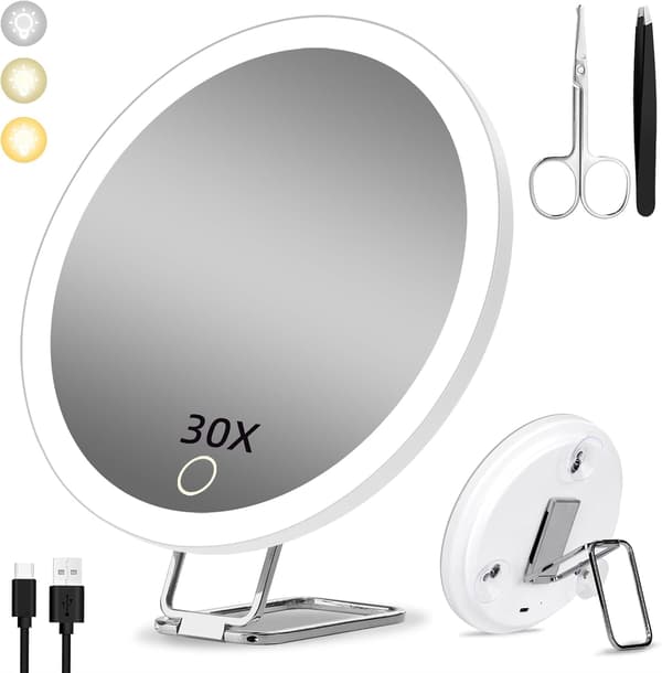 30x Magnifying Mirror with Light, 15 cm 3 Color Dimming Modes, with 3 Suction Cups and 360° Table Stand