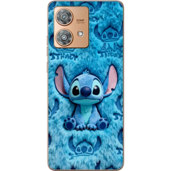 Compatible Mobile Case for Motorola Edge 40 Neo Stitch sitting on fluffy blue pattern with its face and ears repeated as texture, creating