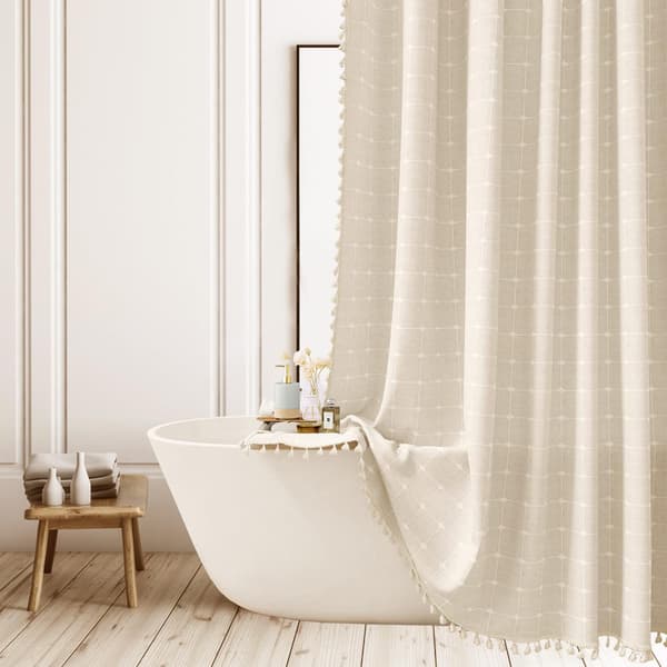 Rustikt duschdraperi i polyesterlinne, neutral boho-randig beige med tofsar för badrum - bohemiskt tygduschdraperi 183 x 183 cm