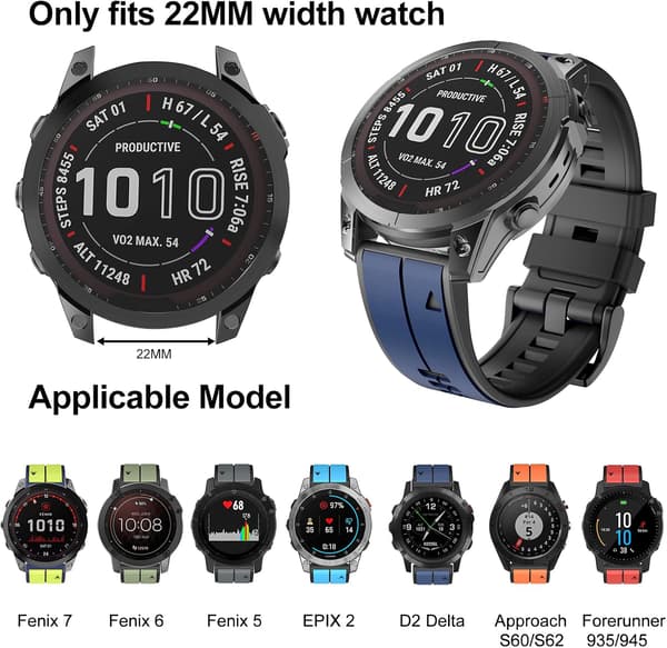 Rem til Garmin Fenix 7/Fenix 6/Fenix 5/EPIX 2, Quick Fit 22mm Silikonerem til Approach S60/S62, D2 Delta, Forerunner 935/945_tfrf
