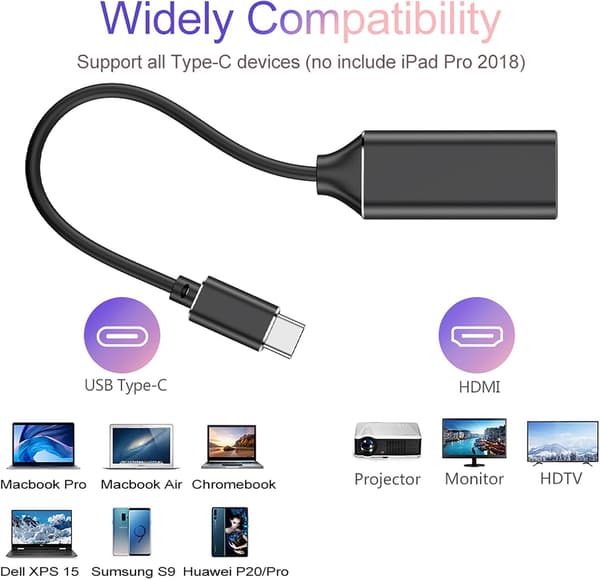 USB C til HDMI 4K Adapter til Mac OS, Type-C til HDMI Adapter [Thunderbolt 3], Kompatibel