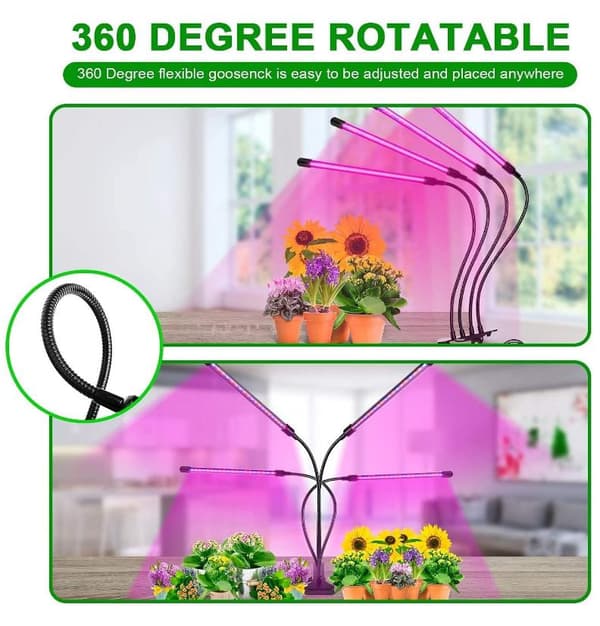 USB-dimbar plantelys med timer, klemme plantelys, dobbelthode plantelys-5V, 4 hode plantelys, 18W, 1 stk