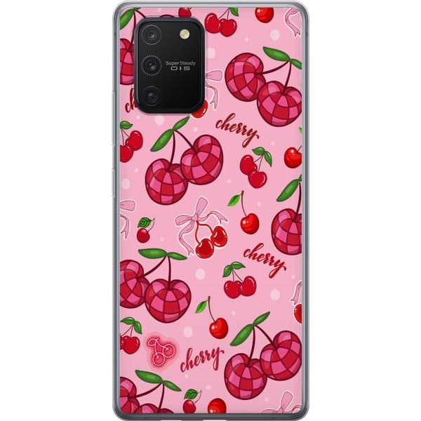 Compatible Mobile Case for Samsung Galaxy S10 Lite Rosy Cherry Pattern with Cute Bows, Hearts and Playful Fruit Illustrations. Pink