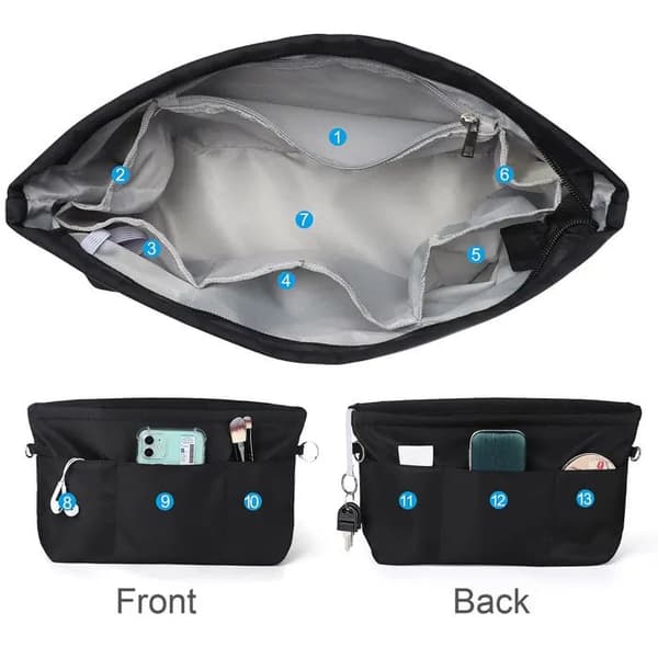 Handbag organizer, nylon bag organizer with keychain, inner pockets, waterproof, black (DB)