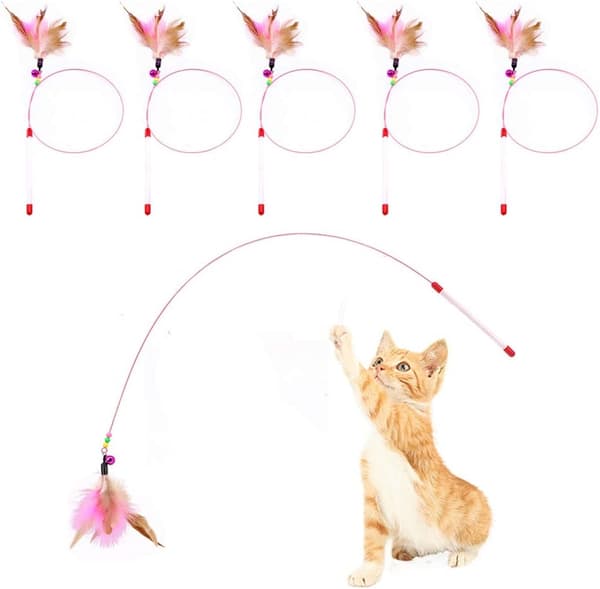 Cat Feather Toy, Cat Wand, 5 Pack Interactive Pet Kitten Chasing Teaser Wand with Bell Beads - Wholesale