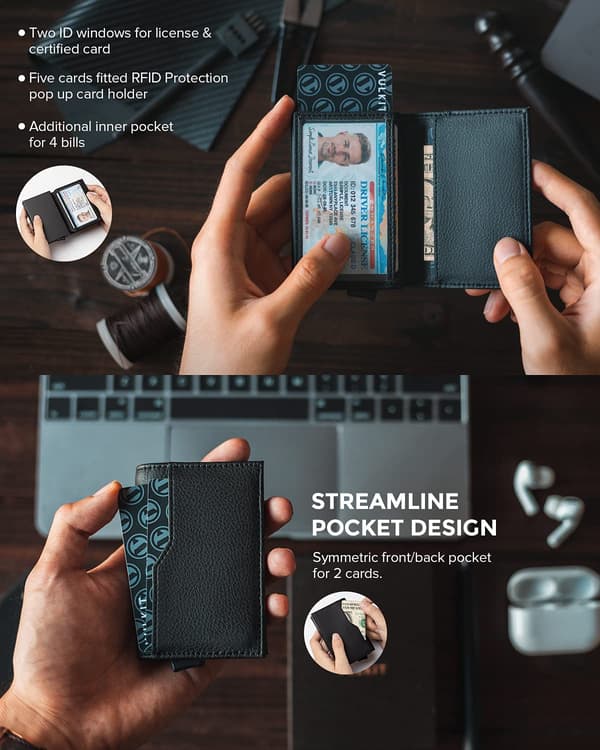 Credit Card Holder with Double Window RFID Blocking Automatic Pop-up Card Wallet for Cards and Banknotes