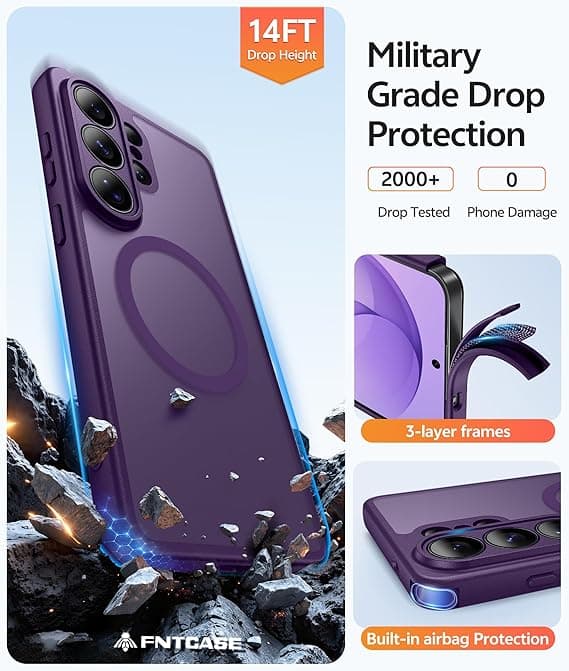 FNTCASE for Samsung Galaxy S26 Ultra Case with Screen Protector, MagSafe Compatible, Translucent Matte, Full Camera Protection, Shockproof Purple