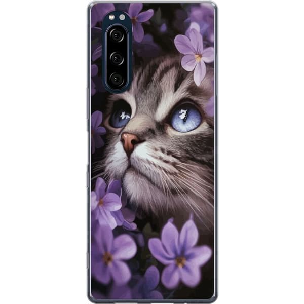 Kompatibelt mobildeksel til Sony Xperia 5 Katt og blomster
