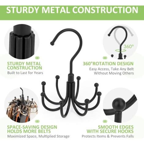 Belt Holder for Wardrobe, Rotating Metal, Space-Saving, Tie Holder, Max Capacity 24 Belts, Black, 1 Unit