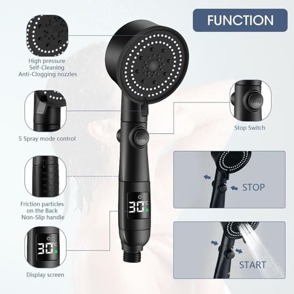 High Pressure Shower Head with 5 Adjustable Modes, Water-Saving Anti-Limescale Massage Shower Head with Stop Function, Compatible with Most Bathrooms