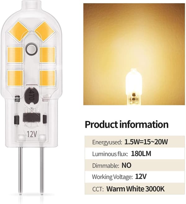 G4 LED Bulb, Warm White 3000K Halogen Lamp Replacement, Non-Dimmable AC DC 12 Volt For Chandelier Range Hood Desk Floor Lamp Ceiling Lamp