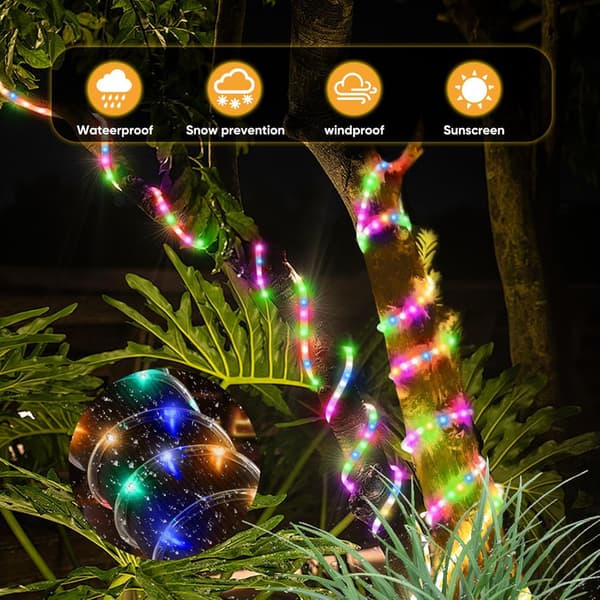 12m Solar String Lights Outdoor, Adjustable Brightness Colorful LED Lights, Flexible Copper Wire String Lights, Neon LED String Lights, 100 LED Lights