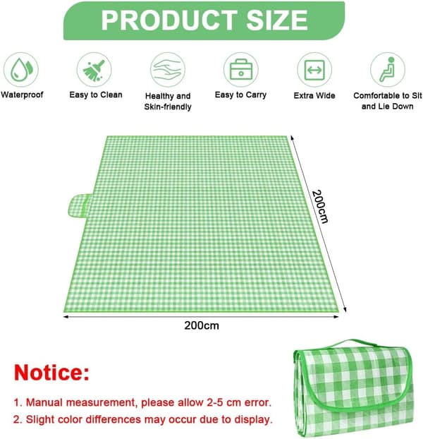 Picknickteppe, ekstra stort tartan picknickmatte med bærehåndtak, sammenleggbart og bærbart (200*200cm) (grønn)