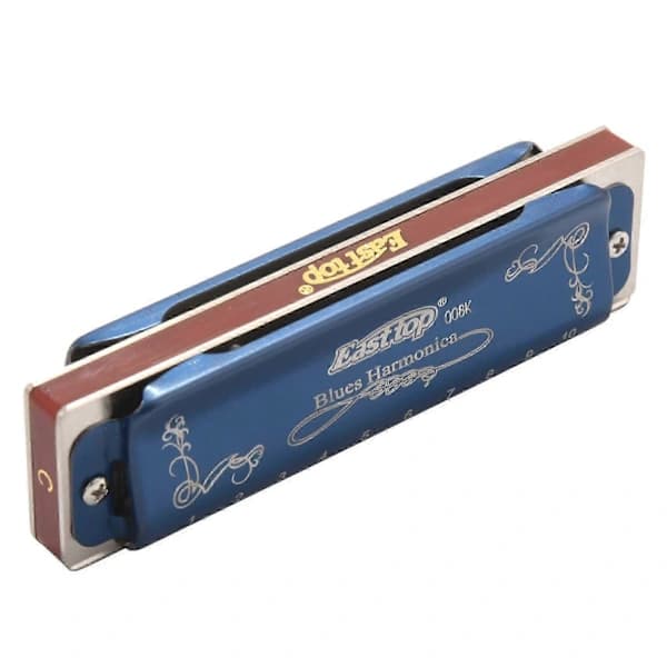 Easttop T008K 10 Hole Blues Harmonica C Major Wind Instrument with Plastic Case and Cleaning Cloth Blue