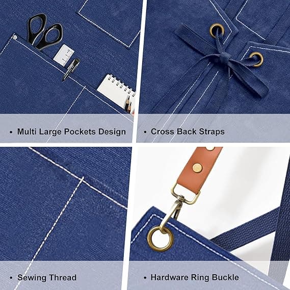 Chef Apron Canvas Apron for Men and Women with 3 Pockets Cross Back Resistant Work Apron for Cooking Dark Blue