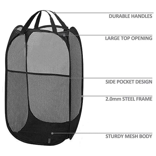 Pop Up Laundry Hampers, Foldable Mesh Laundry Baskets for Home, Dorm, Travel, Portable Laundry Baskets, 2-pack (Black + Grey)