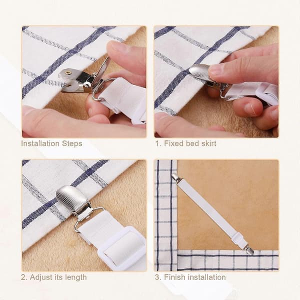 8 Pieces Sheet Holders, Adjustable Sheet Straps, High Elastic Sheet Bands with Clips, Sheet Fasteners Max Stretch 120cm White