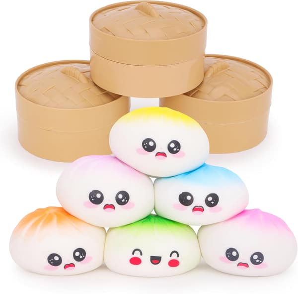 Toyland® Glänsande Midnattsblå Squishy Bao Dumpling Sensorisk Fidgetleksak med Ångkokarlåda i Plast - Klämleksaker för Barn - Ålder 3+