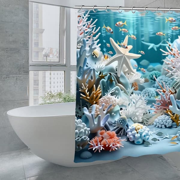 Blue Ocean Shower Curtain with Shells & Starfish, Polyester, High Quality, 12 Hooks, Bathroom Curtain
