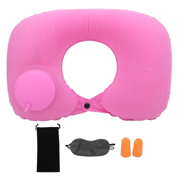 U-shaped Pillow Press Inflatable Soft Neck Support Pillow Cervical Protection for Car Office Airplane (Pink)