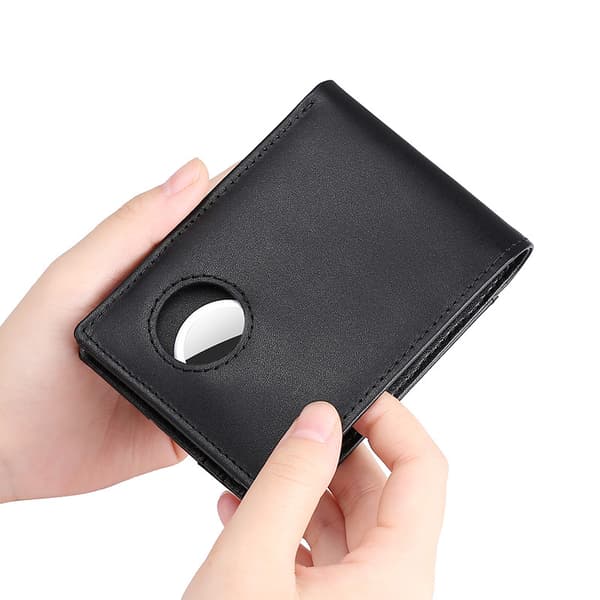 Slim RFID Blocking Wallet with AirTag Holder - Men's Leather Wallet Black
