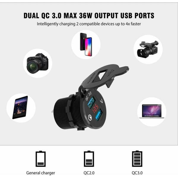 Motorcycle Dual USB Socket Car Charger Marine Power Outlet Adapter Waterproof Cigarette Lighter Socket 2.1A Fast Charging with LED Voltmeter for