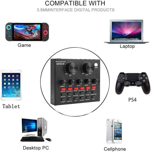 Voice Changer, Electroacoustic Effects Enhanced Karaoke Recording Mobile Audio Mixer, Intelligent Noise Reduction with Adjustable Volume for