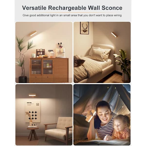 LED Wall Lamp Set of 2 Indoor Wood, Wireless USB Rechargeable, Adjustable Brightness Wall Light, Touch Bedside Lamp