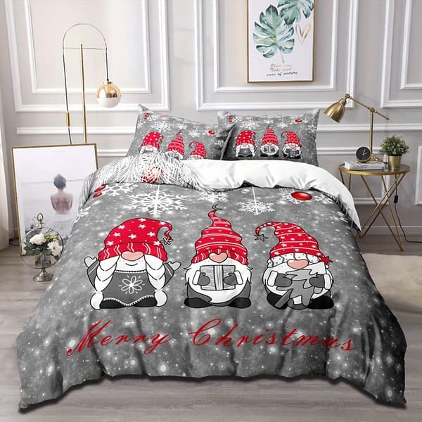 Jul Tomte Tecknad Påslakanset - 100% Polyester Andningsbart Tyg, Digitaltryck, Året-runt Täcke med Örngott, Maskintvätt [DB] Grey Grey 210cm*210cm