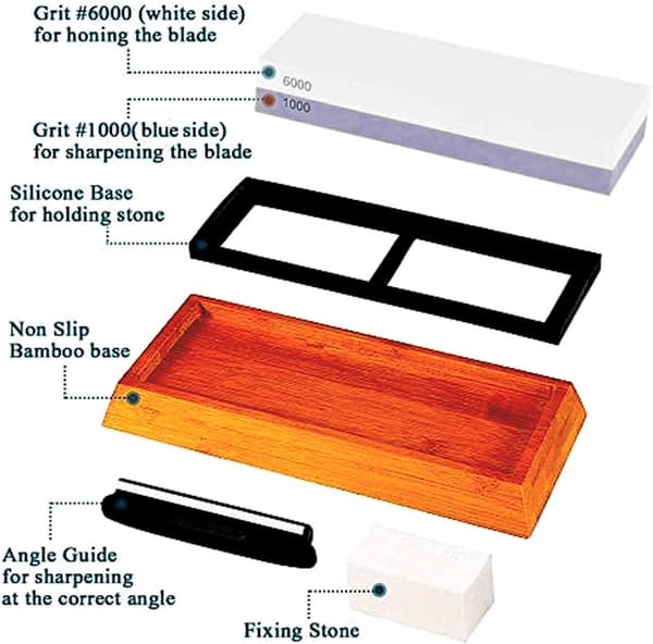 Professional Multipurpose Sharpening Stone, Double-Sided 1000/6000 Grit, Non-Slip Silicone Mount Ensures Stability, Bamboo Base Included for Secure &