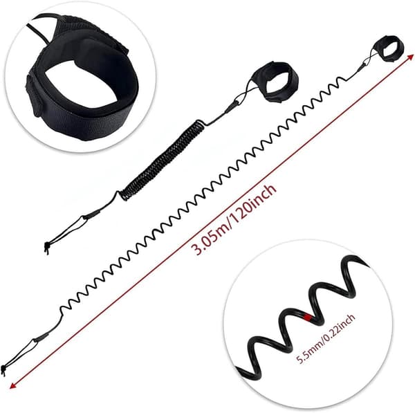 2 Surfboard Leashes - 3.05 m, Adjustable with Velcro & Foot Strap - for Surf, Kayak, Longboard - 5.5 mm - Black