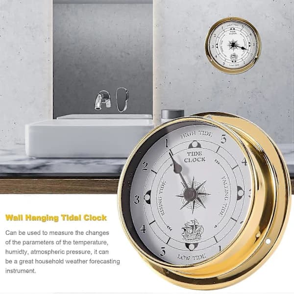 Tide Clock, Tester Copper Casing Marine Compatible with Weather Station, Wall Mounted Boat Uses Tide Clock, 1 Gold White