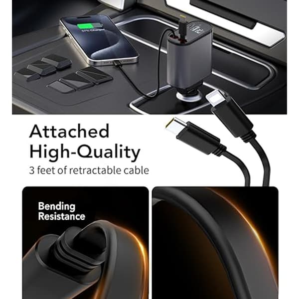 Dual Retractable USB Cable Car Charger with Voltmeter and 4-in-1 Fast Charging Support, USB A PD Port Enabled Car Cigarette Lighter Adapter, Smart