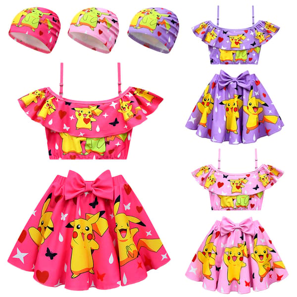 Tecknad flicka baddräkt Pikachu flicka baddräkt tvådelad barn bikini set barn baddräkt baddräkt Rosa