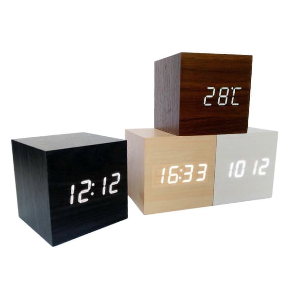 LED Digital Alarm Clock Wood Imitation Table Clock Night Light Thermometer Snooze Alarm Clock DE FP Brown Brown