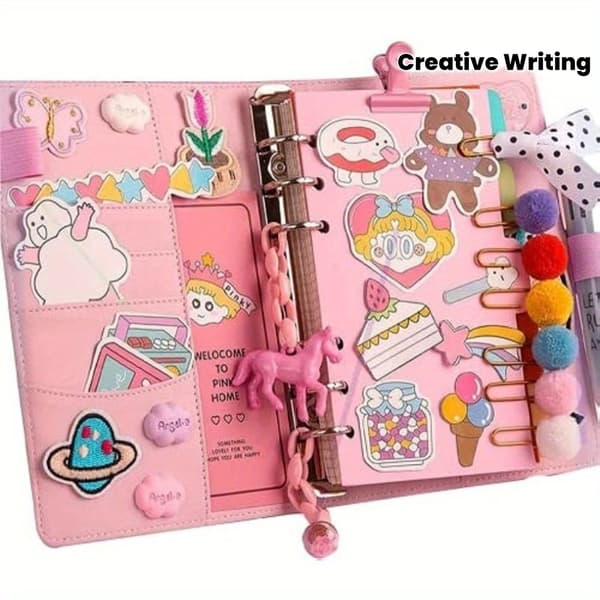 Creative Hand-Drawn Diary Set, DIY Notebook with Pocket Planner, Cute Stationery for Creative Writing and Drawing, Office S [DB] Pink