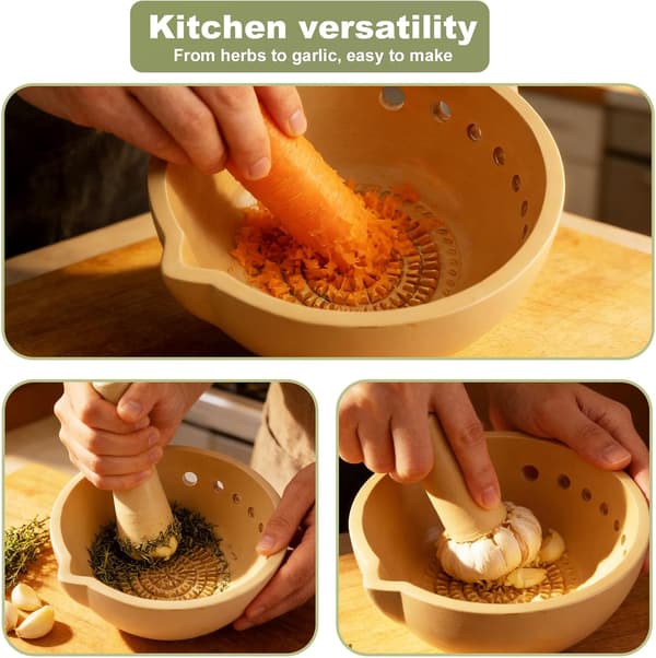 2-in-1 Herb Stripper Bowl with Grater, Stoneware Garlic Ginger Grating Bowl for Home Cooks, Beige