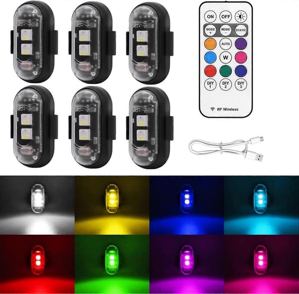 Wireless LED Strobe Lights with Remote Control, Waterproof LED Warning Lights 8 Colors USB Charging for Car Motorcycle 6 Pcs