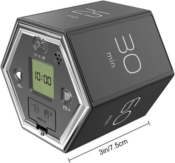 Roterende sekskantet timer 5-60 minutter med LED-display og lydløs vibration, vendbar bordtimer til køkken og kontor (sort)