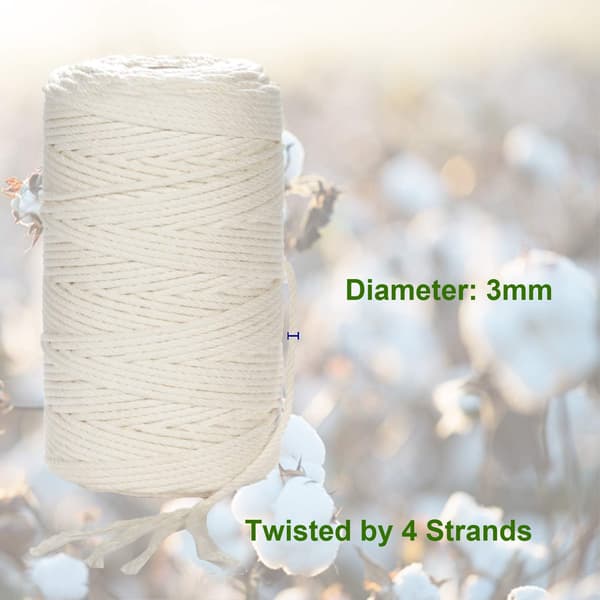Macrame Yarn 3 mm x 220 m (approx. 200 m) Soft Unbleached 100% Natural Cotton Rope for Making Plant Wall, Beige