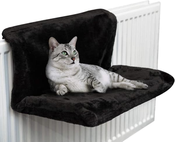 Varm og hyggelig radiator seng til kat og hund (imiteret pels - sort)