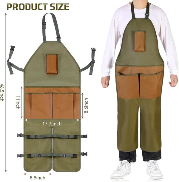 Garden Apron Workwear Waterproof, Apron For Long Working Days – 6 Pockets, Adjustable, Green+Brown