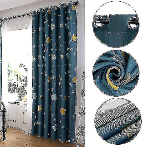 Nya 2-pack Blå Planet Gardiner, Mörkläggningsgardiner för Barn, Polyester Mörkläggningsgardiner Tecknade Blå Planeter Sovrumsgardiner för Sovrum, Barn