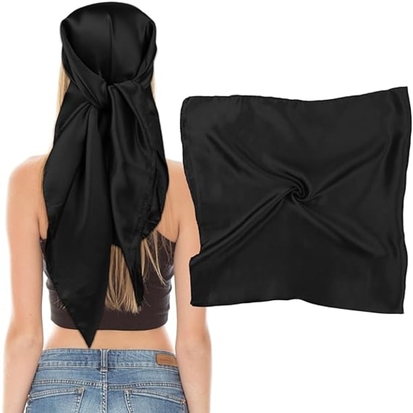 35" Large Square Satin Scarf - Black, Women's Silk Scarf for Wrap