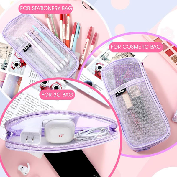 Gitternet Pencil Case Stor Kapacitet Blyantpose Transparent Makeup Pung Kosmetikpung til Studerende Skole College Kontor Purple