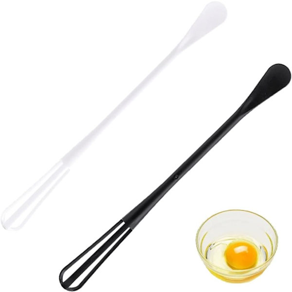 2 stk. Eggvisp Plast Mini Multifunksjonell Eggvisper Kjøkkenredskap med Teskje Eggverktøy Tilbehør Black+White